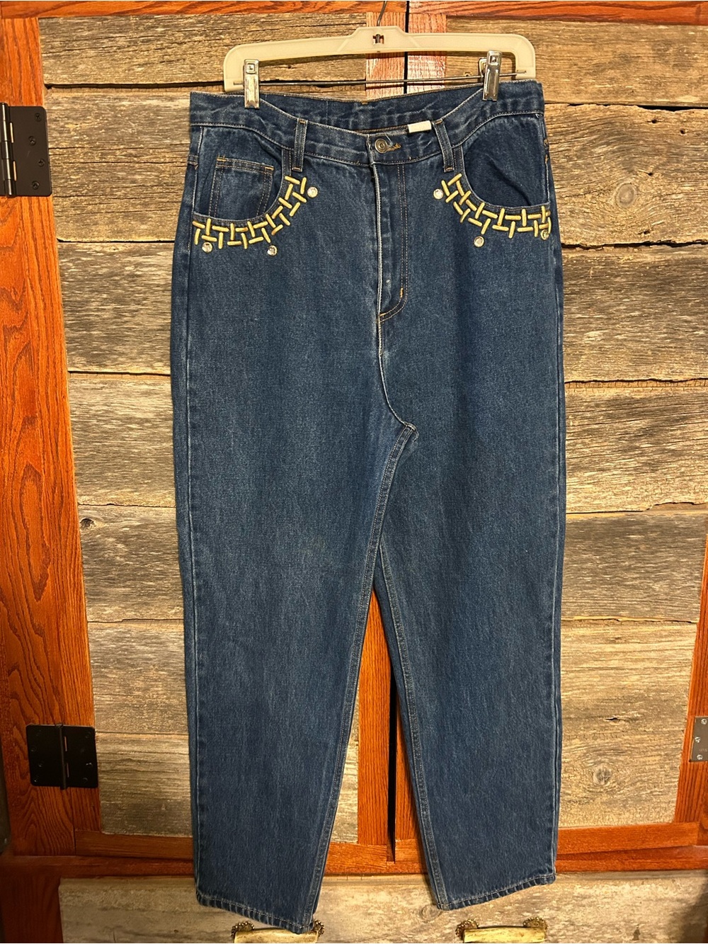 Vintage Women’s Dark Blue High-Waist Jeans Decorative Yellow Stitching Size 16